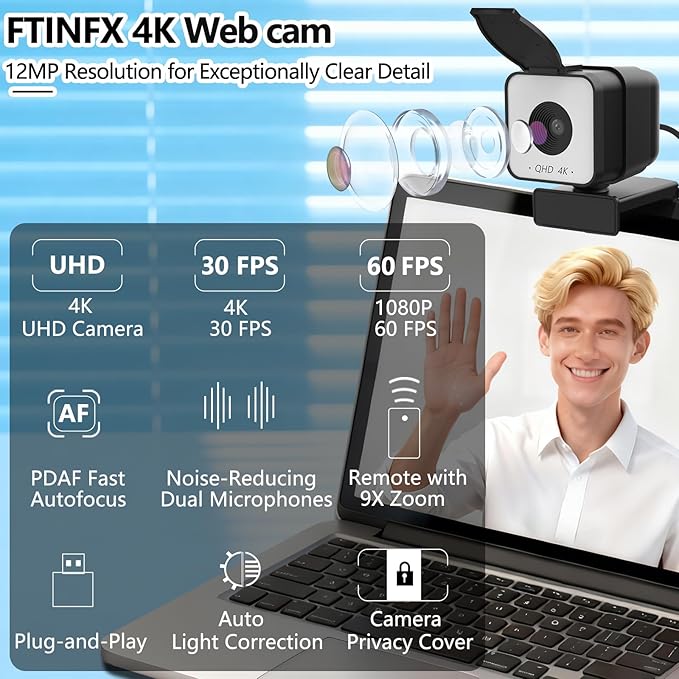 4K USB Webcam with Dual Microphones 9X Hybrid Zoom Auto Light Correction 86° Wide Angle for Video Conferencing Live Streaming Remote Work Compatible with PC Desktop Laptop