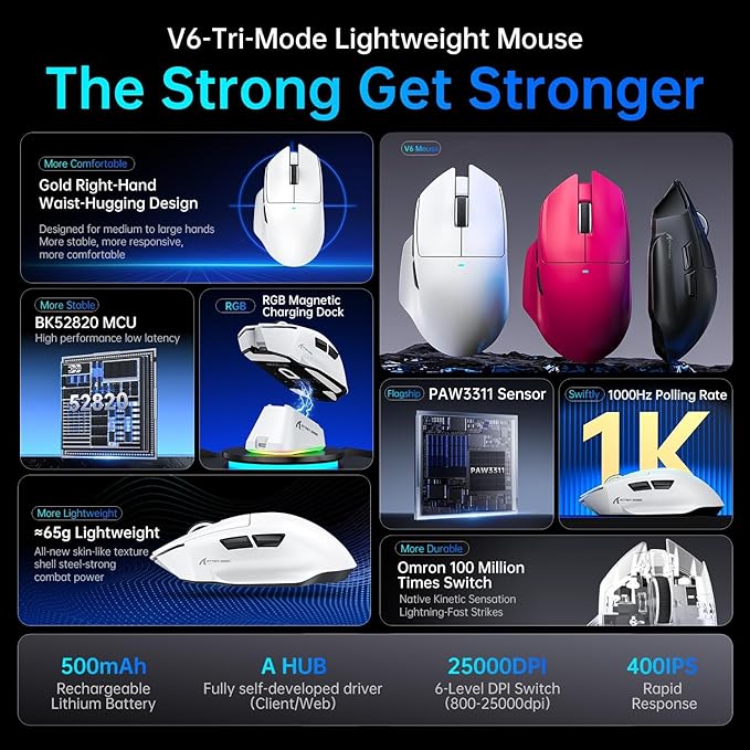 ATTACK SHARK V6 Wireless Gaming Mouse with RGB Charging Dock 25K DPI PAW3311 Sensor 1K Polling Tri-Mode PC Mice500mAh Battery Cloud-Based AI Driver for Win/MacBlack