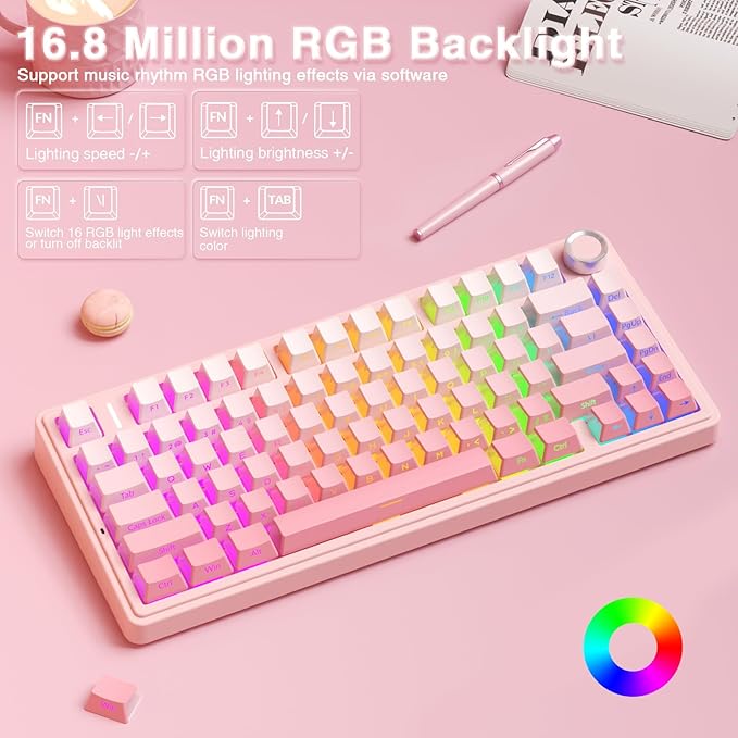 AULA F75 Pro Wireless Mechanical Keyboard Silent Version75% Hot Swappable Custom Keyboard with KnobRGB BacklitPre-lubed SwitchesSide Printed PBT Keycaps2.4GHz/USB-C/BT5.0 PC Gaming KeyboardsPink