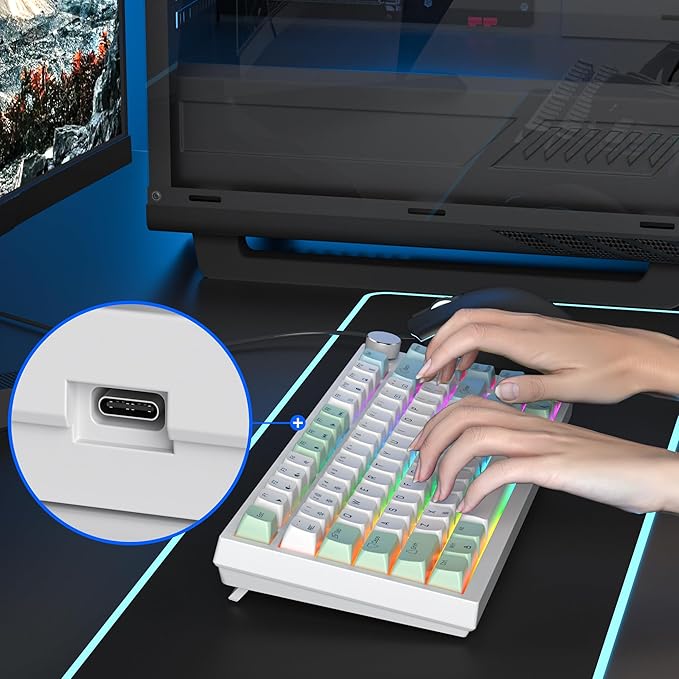Owpkeenthy Wired 75% Hot Swappable Mechanical Keyboard Gasket Mounted TKL 82 Key Gaming Keyboard Linear Red Switch RGB Backlit with Volume Knob for PC Laptop (82 Mint)