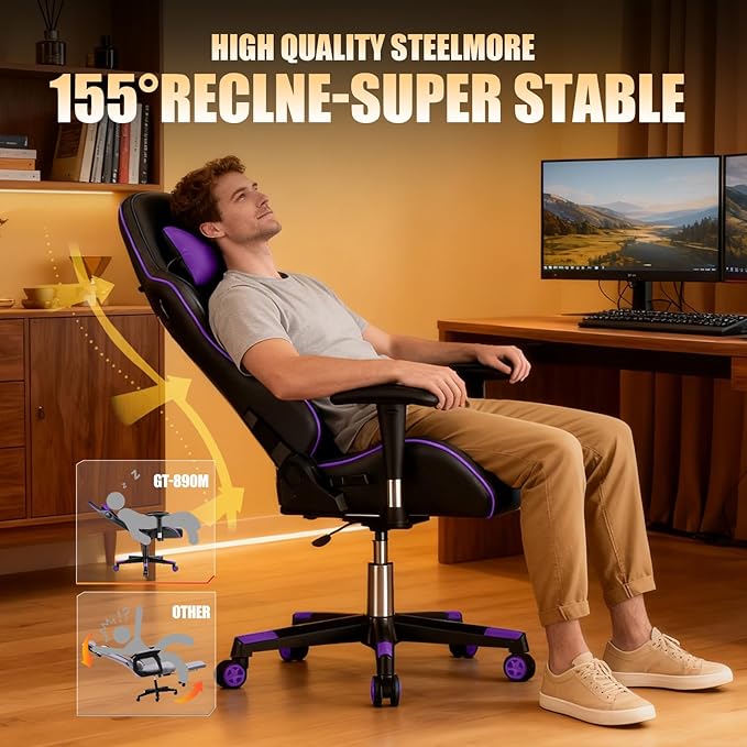 GTPLAYER Gaming Chair with SpeakersVideo Game Chair Bluetooth Music with Lumbar Support Ergonomic Comfortable Office Computer Chair for Adults Adjustable Reclining Chair 360° Swivel Light Purple