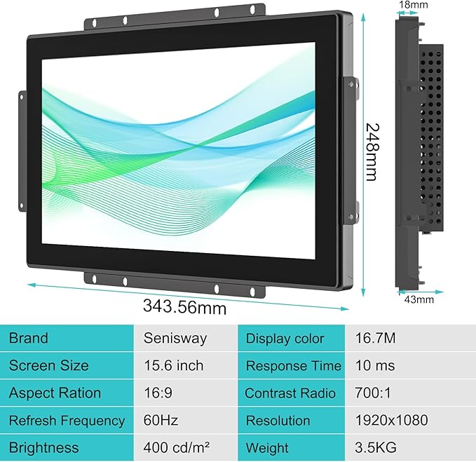 15.6 Inch Open Frame Touchscreen Monitor Surface is IP65 Waterproof 1920 x 1080 @ 60Hz TFT LCD IK08 Industrial Touch Screen Monitor 10 Finger Capacitive Touch