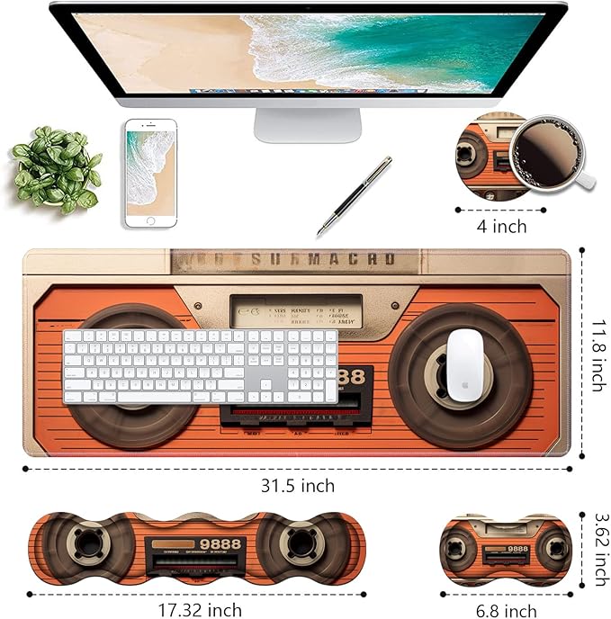 Ergonomic Keyboard Wrist Rest &amp Mouse Pad Wrist Rest Set Large XXL Gaming Desk Mat 31.5x 11.8 with Non-Slip Base Memory Foam Easy Typing Pain Relief for Home &amp Office Retro Tape Recorder