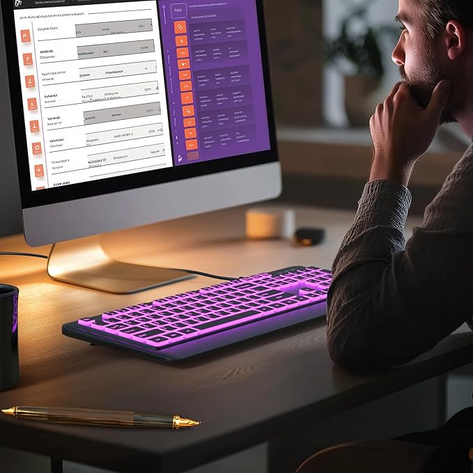 Backlit Computer Keyboards Wired USB LED Keyboard with 7 Colors Backlight Plug and Play Waterproof Full Size Quiet Computer Keyboard for Windows Desktop PC Laptop Gaming