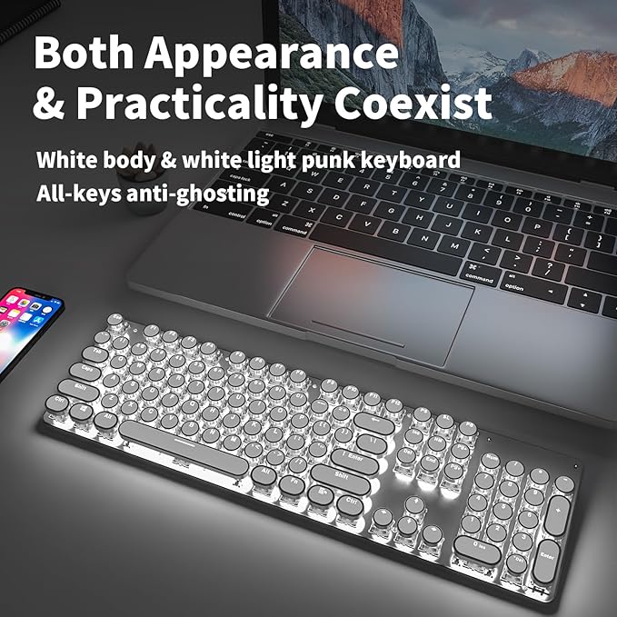 EWEADN TK950 Typewriter Keyboard Wireless Mechanical Keyboard 104 Keys Aesthetic Typewriter Keyboards with White Backlit Anti-Ghosting Blue Switch Bluetooth/2.4GHz/Wired Keyboards-White