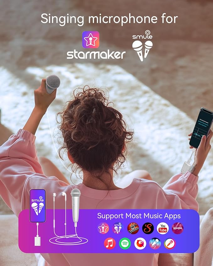 Singing Microphone with Earphone &amp Stand Ideal for Vocal Recording Podcasting Live Streaming Gaming Compatible with Smule &amp Starmaker &amp Stingray USB-C Dongle &amp Lightning Adapter