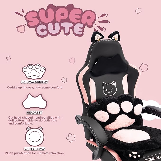 Dowinx Gaming Chair Cute with Cat Ears and Paw Lumbar Ergonomic Computer Chair for Girl with Footrest and Headrest Comfortable Reclining Game Chair 292lbs for Adult Teen Black