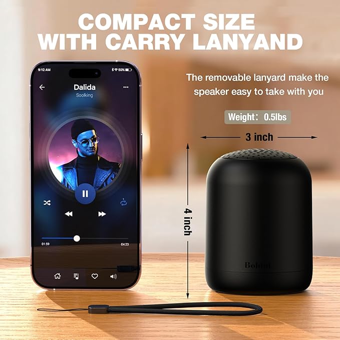 Bobtot Portable Bluetooth Speakers Wireless Waterproof Shower Speaker with 24H Playtime Loud Stereo Sound TWS Hands-Free Calling Small Size with Strap Easy to Carry Black