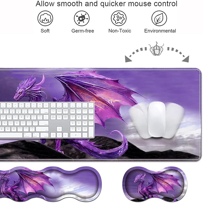 Ergonomic Keyboard Wrist Rest &amp Mouse Pad Wrist Rest Set Large XXL Gaming Desk Mat 31.5x 11.8 with Memory Foam Easy Typing Pain Relief for Office &amp Home Purple Dragon