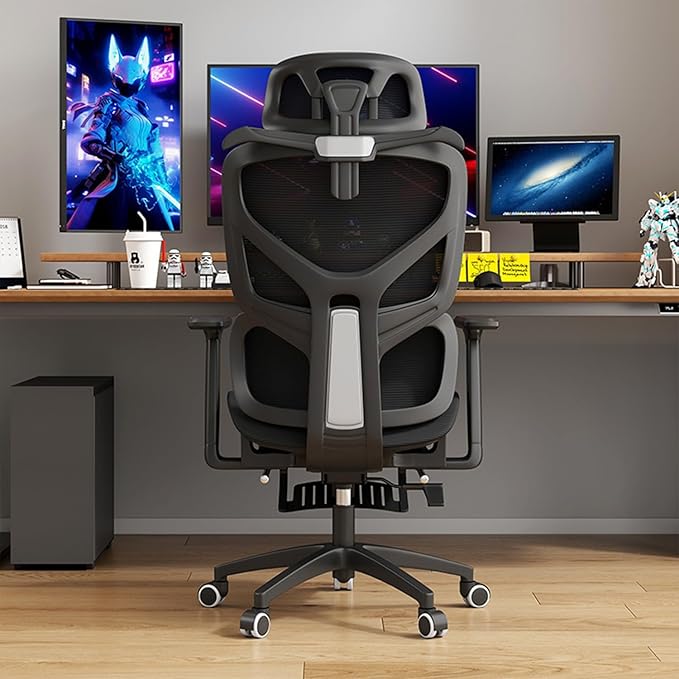 Ergonomic Chair Mesh Office Seat 330lbs Capacity High Back Desk Chair with Flip-Up Arms 135° Recline Adjustable Lumbar Support Wheels for Home Office Gaming Study (White Grey)