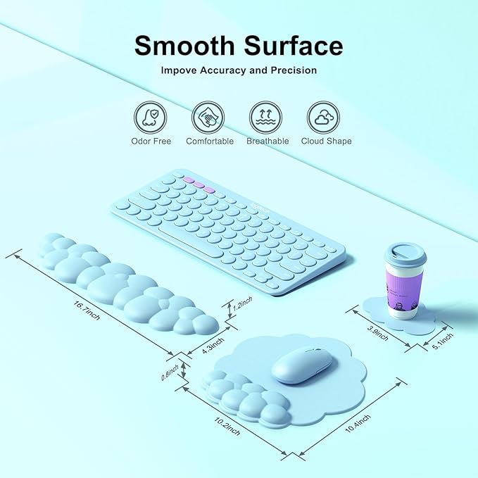 Cloud Mouse Pad with Wrist Rest Cloud Keyboard Wrist Rest Mouse Pad Wrist Support Ergonomic Cloud Keyboard Mouse Wrist Support (Blue)