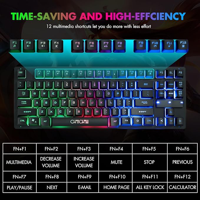 CHONCHOW 87 Keys TKL Gaming Keyboard and Mouse Combo Wired LED Rainbow Backlit Keyboard 800-3200 DPI RGB Mouse Gaming for PS4 Xbox PC Laptop Mac