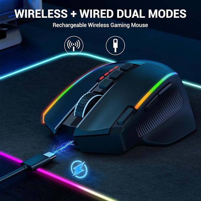 Redragon Wireless Gaming Mouse Ergonomic Mouse 16000 DPI with Rapid Fire Key 9 Macro Buttons 170-Hour Durable Power Capacity and RGB Backlight Wired/Wireless Mouse for Laptop/Mac/PC