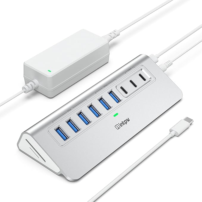 Powered USB Hub 10Gbps intpw YH6AC Plus 11 Port USB 3.2 Hub(USB A/USB C 3.2+4 USB-A 3.0+2 PD 45W Fast Charging Ports+SD/TF Card Reader) 65W Power AdapterAluminum USB HUB for PCLaptopiPhone 17/16