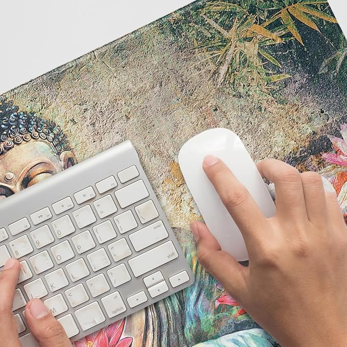 Buddha Pink Lotus Flowers Serenity Large Gaming Mouse Pad Desk Mat with Stitched Edges Non-Slip Base