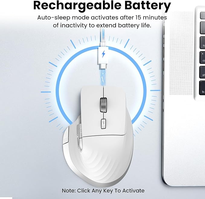 Wireless Bluetooth Mouse Ergonomic Rechargeable Silent Mouse with Multi-Device Adjustable DPI Flying Scroll &amp Thumb Wheel Bluetooth Mice for Laptop Computer Tablet Smartphone (White)