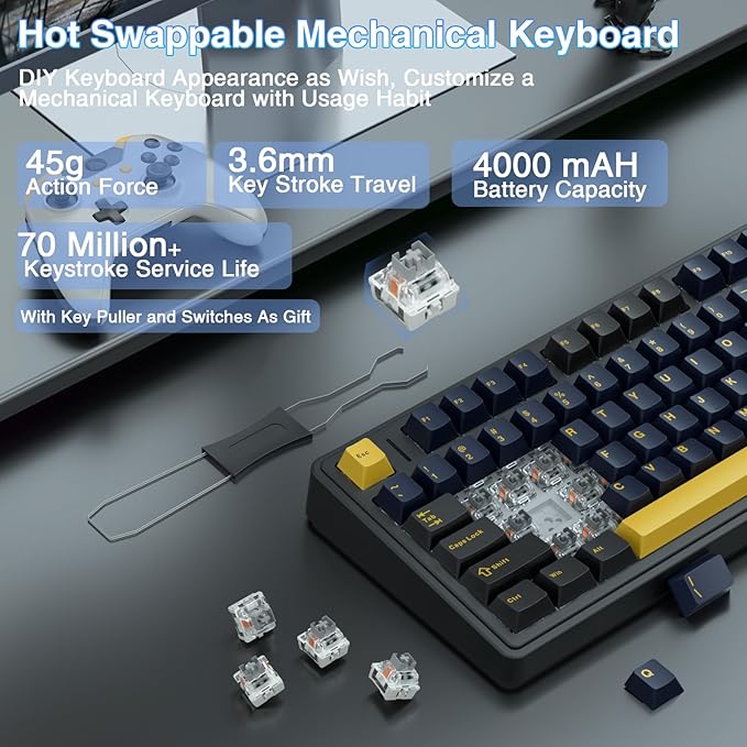 AULA F75 75% Wireless Mechanical Keyboard Hot Swappable Creamy Keyboard Pre-lubed Greywood Switches RGB Backlit Gaming Keyboards 2.4GHz/Type-C/BT5.0(Cool Black)