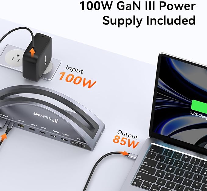 TobenONE MacBook Docking Station Dual 4K Monitor for M1-M5 Pro/Max 13-in-2 USB C Docking Station with 100W Power Adapter Laptop Dock Stand with 2 HDMI VGA 5 USB PD 3.0 RJ45 SD/Micro SD Audio