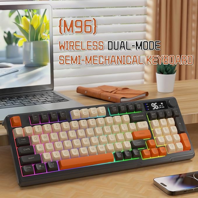 LexonElec M96 Wireless Gaming KeyboardKnob Control Bluetooth/2.4G Wireless Mechanical Feeling KeyboardRGB LED Backlit with Display Screen PBT Keycap3000mAh 94-Key Layout for Win/Mac (Shimmer)