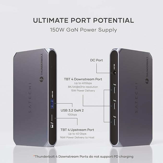 Satechi Thunderbolt 4 Dock Slim Hub Pro USB C 100W Charging Single 8K or Dual 4K Display 4 Thunderbolt 4 Ports USB 3.2 Gen2 for Mac/Windows MacBook Air/Pro M5/M4 Dell Surface Lenovo