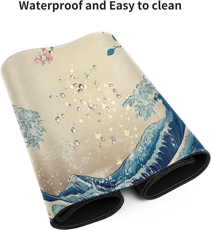 Japanese Sea Wave Extended Large Mouse Pad for Desk 48x24 Big Gaming Mouse Pads with Stitched Edges Non-Slip Rubber Base Computer Desk Mat Mouse Mat for Home Office Work