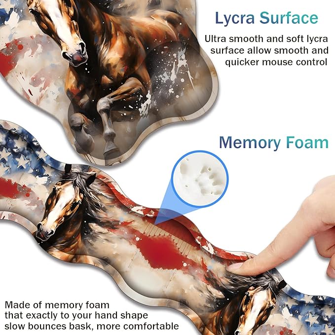 Ergonomic Keyboard Wrist Support Pad and Wrist Support Mouse Pad Anti-Slip with Gel Memory Mouse Pad Set Suitable for Office Use/Home Use - American Flag and Horse