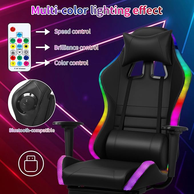 Gaming Chair with Built-in Speakers Ergonomic High Back Office Gaming Chair Massage Lumbar Support LED Lights Retractable Footrest (Colorful Side)