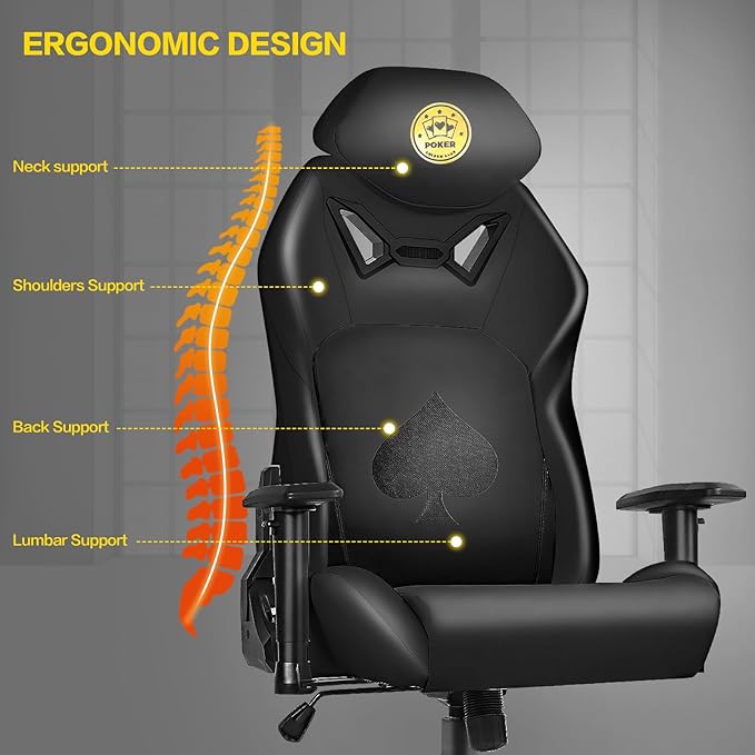 Modern-Depo Ergonomic Video Poker Gaming Chair Recliner with Texas Hold'em Sign Swivel Chair with Poker Logo Lumbar Support Headrest Height Adjustable for Study Home Office Black Poker 4