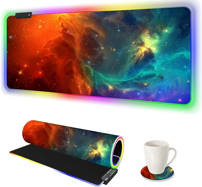 AIMSA Large RGB Gaming Mouse Pad Keyboard Mousepad Led Extended 35.4 x 15.8 inch Non-Slip Rubber Base with 14 Lighting Modes Big Desk Mat Waterproof Galaxy Nebula