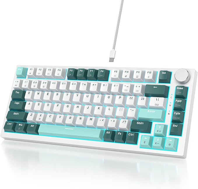 Owpkeenthy 75 Percent Gaming Keyboard Gasket Mounted 82 Key Wired Mechanical Keyboard Hot Swappable with Knob Linear Red Switch RGB Backlit for PC Laptop (Forest)