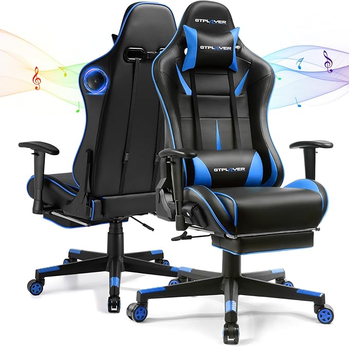 GTPLAYER Gaming Chair with Speakers Video Game Chairs with Footrest for Adults Ergonomic Computer PC Gamer Reclining Chair(Blue)
