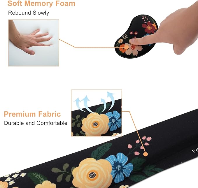 Petmolico Ergonomic Wrist Pad Set 4 in 1 with Computer Keyboard Desk Gaming PadMouse Pad with Wrist RestTyping Wrist Support and Cup CoastersNon-Slip PU Base [BlackFloral Hoop]