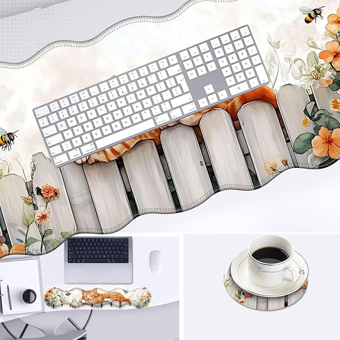 Large Mouse Pad and Keyboard Wrist Rest Desk Pad for Keyboard and Mouse 4-in-1 Large Gaming Mouse Pad with Wrist Support Desk Mat for Home Office Study Game-Sleeping Cat on Fence