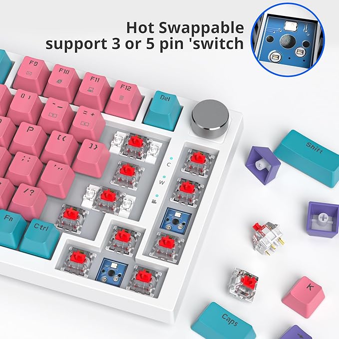 Fogruaden Wired Hot Swappable 75% Percent Mechanical Keyboard Red Switch TKL Pink Mechanical Keyboard Gasket Mount RGB Backlit Compact Gaming Keyboards with Volume Knob(Pink)
