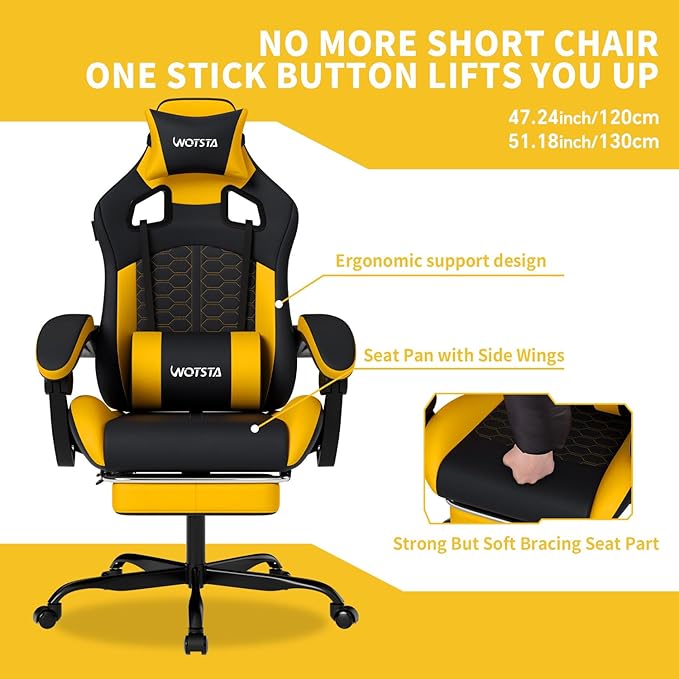 Gaming Chair with MassageErgonomic PC Gaming Chair with Footrest Comfortable Headrest and Lumbar SupportHigh Back Game Chair PVC Leather300LBS (BlackYellow)