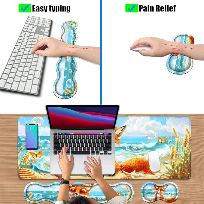 4 in 1 Ergonomic Keyboard Wrist Rest &amp Mouse Pad Wrist Rest Set Large XXL Gaming Desk Mat 31.5x 11.8 with Non-Slip Base Memory Foam for Home Office Study Gaming Fox