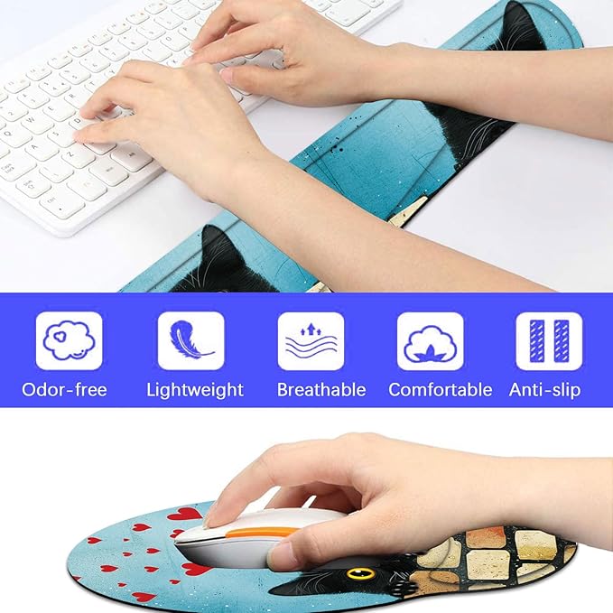 Keyboard Wrist Rest and Mouse Pad Wrist Support Set with CoasterComfortable for Easy TypingPain ReliefMemory Foam Keyboard Pad Set for Laptop MacCute Black Cat