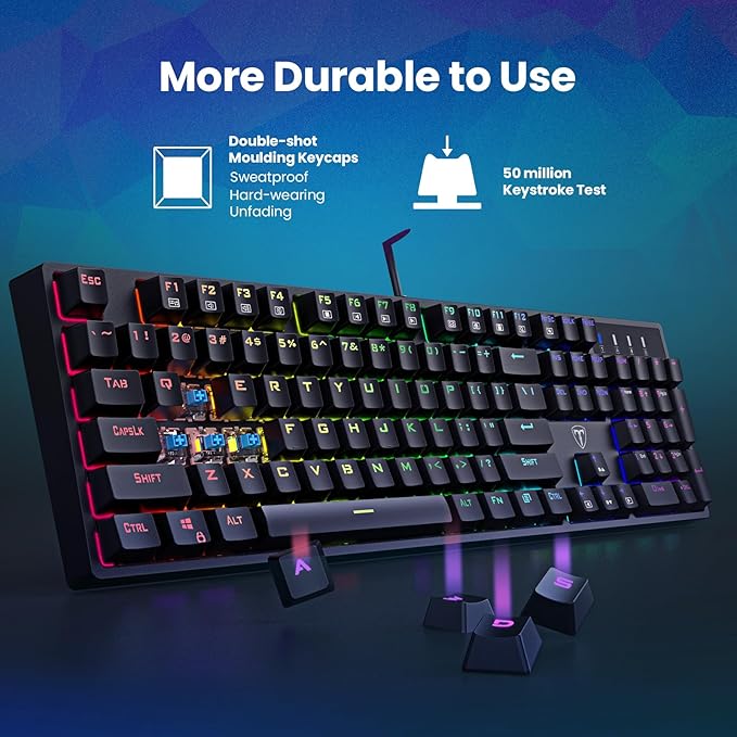 RisoPhy Mechanical Gaming Keyboard Blue Switch USB Wired Keyboard 20 RGB Light up Backlit Modes 104 Key Full Size Clicky Keyboards Anti-Ghosting/Spill-Resistant Rainbow LEDKeyboards for PC(Black)