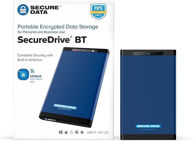 SecureData SecureDrive BT 2TB Hardware Encrypted USB 3.0 Ext Drive FIPS 140-2 Level 3 Unlock via Phone app TAA Compliant CJIS HIPAA CMMC GDPR Compliant Works with Mac and Win Free AV