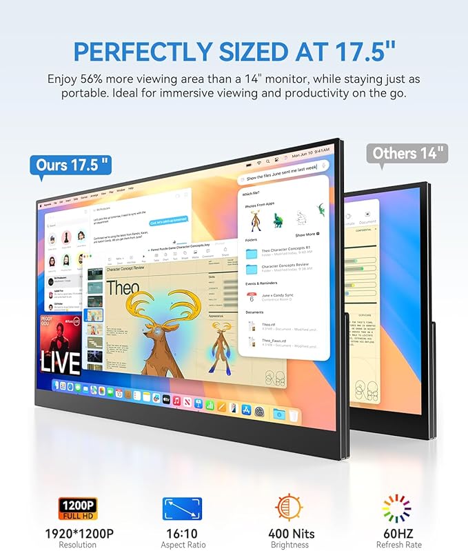 UPERFECT 17.5 Portable Monitor 1920×1200 FHD 16:10 IPS 125% sRGB 400 nits USB-C &amp HDMI Laptop Extender with 180° Adjustable Stand Travel Second Screen for MacBook PC Phone &amp Gaming