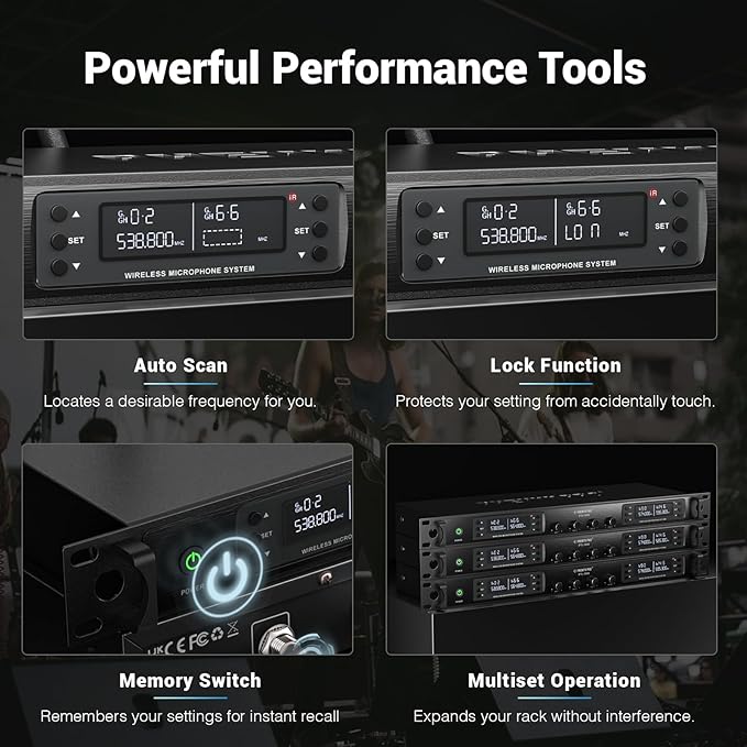 Phenyx Pro 4-Channel Wireless Microphone System w/Auto Scan 4x40 UHF Frequencies 2 Handheld Dynamic Mics 2 Bodypacks &amp Headsets/Lapel Microphones for Singing DJ Church (PTU-7000-2H2B)
