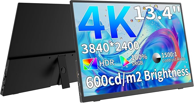 4K Portable Monitor 13.3 UHD IPS Laptop Screen Slim Lightweight Dual USB C HDMI Computer Gaming Display with Speakers Travel Monitor for PC Phone PS5/4 Xbox Switch
