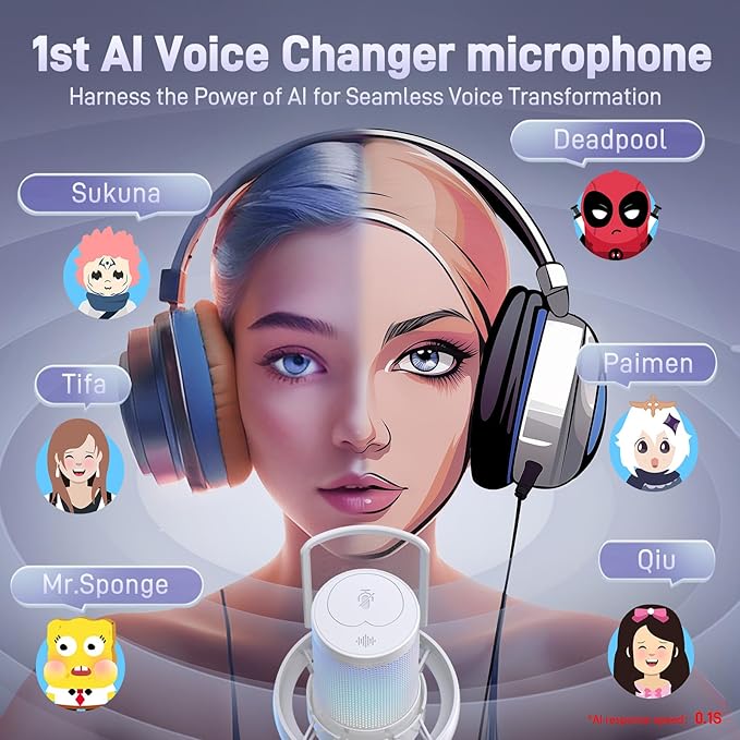 MAONO Wireless Gaming Microphone USB Condenser Mic with Software Noise Cancellation AI Voice Changer RGB Lights Mute Gain for Streaming Recording Podcast Computer PC Laptop DM40 White