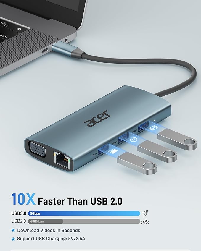 Acer USB C Hub with 4k HDMI 9-in-1 USB C to Ethernet Adapter 5Gbps USBA 3.0 Docking Station VGA Splitter SD Card Reader PD 100W Charging for MacBook Acer Laptops Surface and More