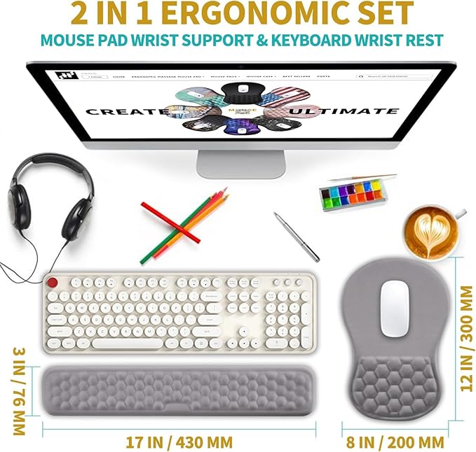 Hokafenle 2 In 1 Ergonomic Mouse Pad Wrist Support &amp Wrist Rest For Computer Keyboard Set with Relieve Carpal Tunnel Pain Massage Bulge and Full Memory Gel Design (2In1 SetNeutral Gray Light Pur
