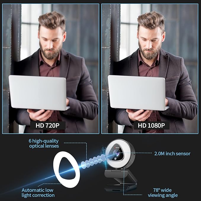 Angetube Streaming Webcam with Ring Light - 1080P Autofocus Computer Camera with Microphone Adjustable Brightness Digital Zoom Webcams for Xbox Twitch Gaming USB PC Web Camera for PC Laptop Desktop
