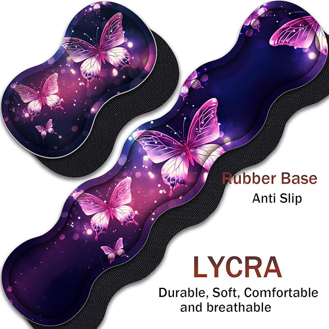 Gaming Mouse Pad Set Large Gaming Mouse Pad+Keyboard Wrist Rest+Mouse Wrist Rest+Coaster Easy Typing Pain Relief 31.5 × 11.8 inch Desk Mat for Home Office - Pink Purple Butterfly