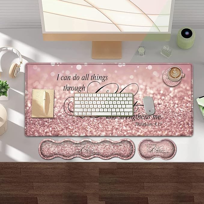 Gaming Mouse PadLarge Mouse Pad with Stitched EdgeNon-Slip Base Office Desk Pad Ergonomic Keyboard Wrist Rest SetWaterproof Writing PadPhilippians 4：13 Bible Pink Glitter Extended XXL Desk Ma