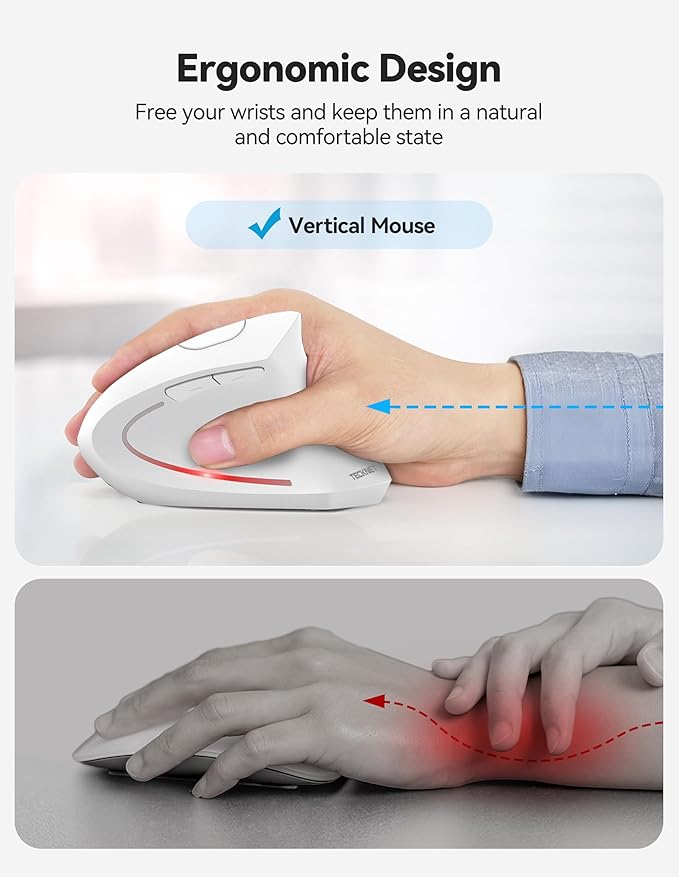 TECKNET Ergonomic Mouse Rechargeable 2.4G+Bluetooth Vertical Mice 6 DPI Adjustable Wireless Optical Carpal Tunnel Mouse Right Hand Multi Device for Laptop PC Computer MacBook iPad - White
