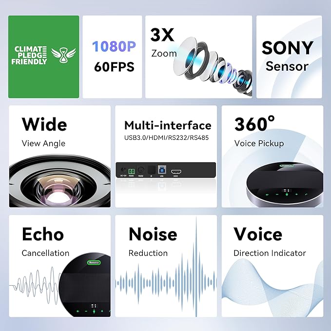 Tenveo 3X Optical Zoom 1080P 60FPS PTZ Conference System with 93°Wide-Angle Lens and MagiCall Bluetooth Speakerphone Video Output via USB 3.0/HDMI/RS485/RS232 Ideal for Large Meetings